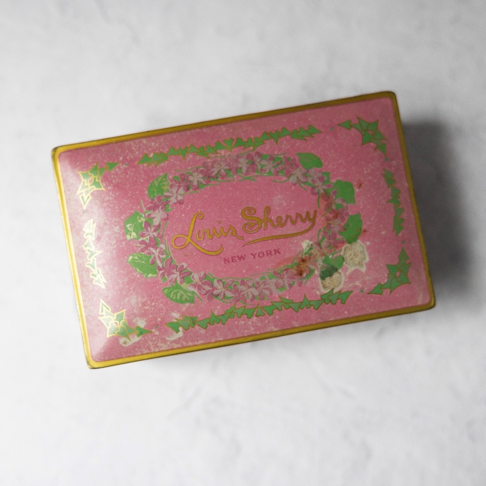 Vintage Louis Sherry New York hinged candy tin box pink violets Eagle Can Co 6"
